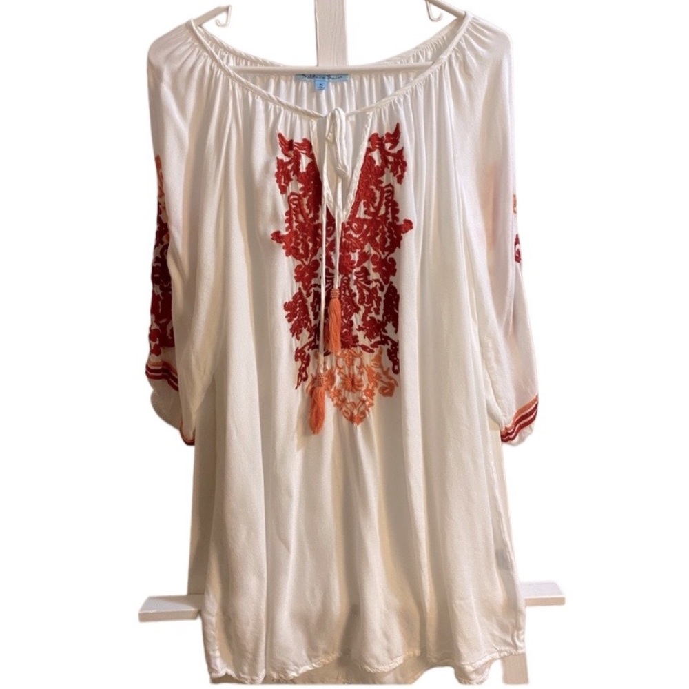 SOLITAIRE SWIM white swim cover up gorgeous embroidery tassel tie SZ Small NWOT